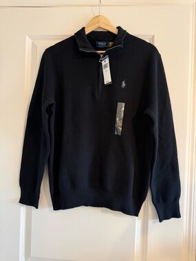 NWT Polo Ralph Lauren Mens Honeycomb Half Zip Sweater Cotton Black Size Small